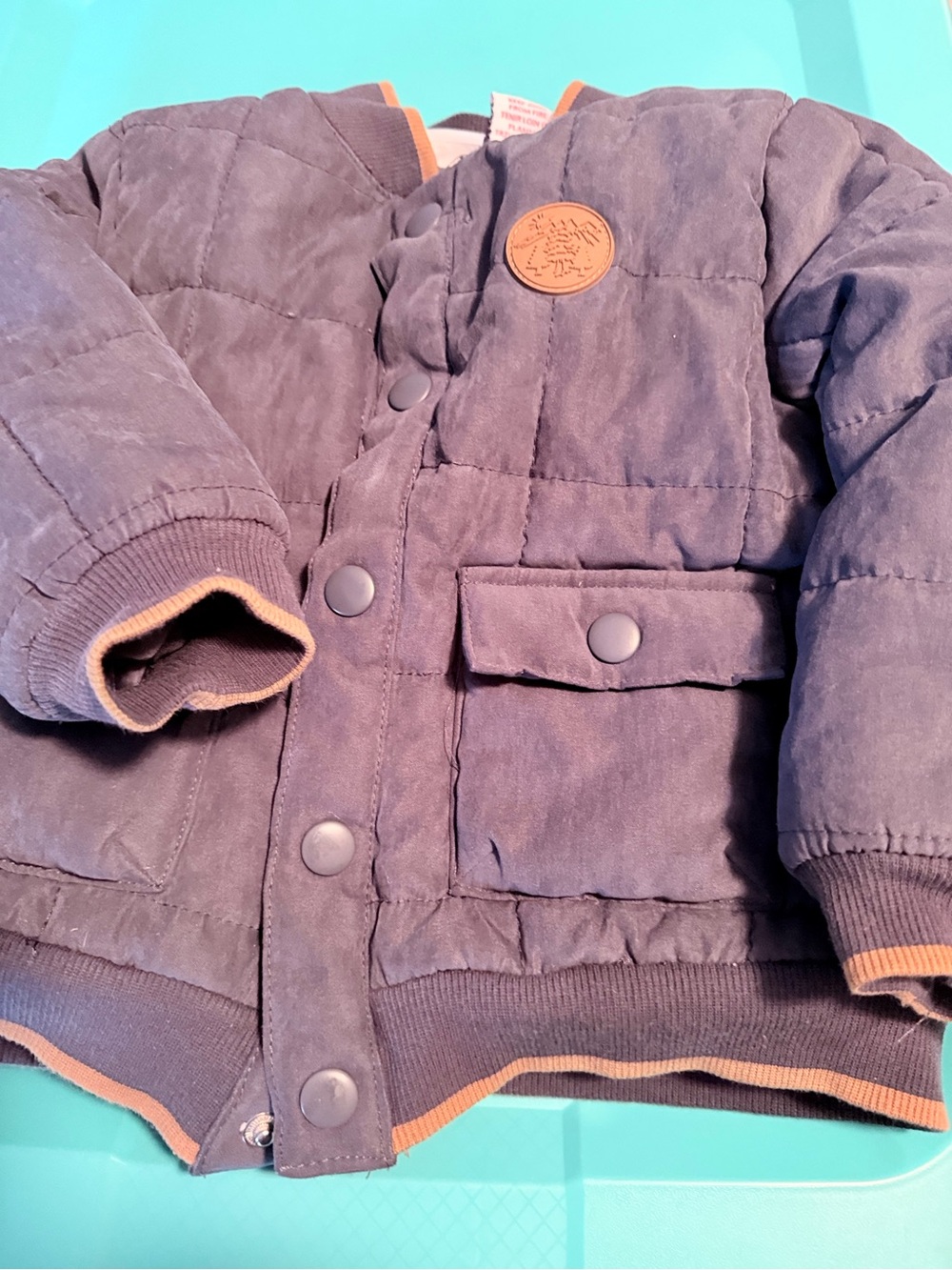 Tommy Bahama Kids Quilted Puffer Jacket in bark blue with Tan Trim